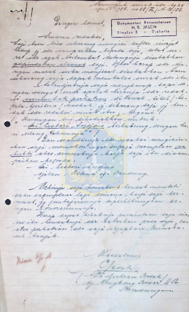 Surat Oo Sjachman Basah kepada Redaksi