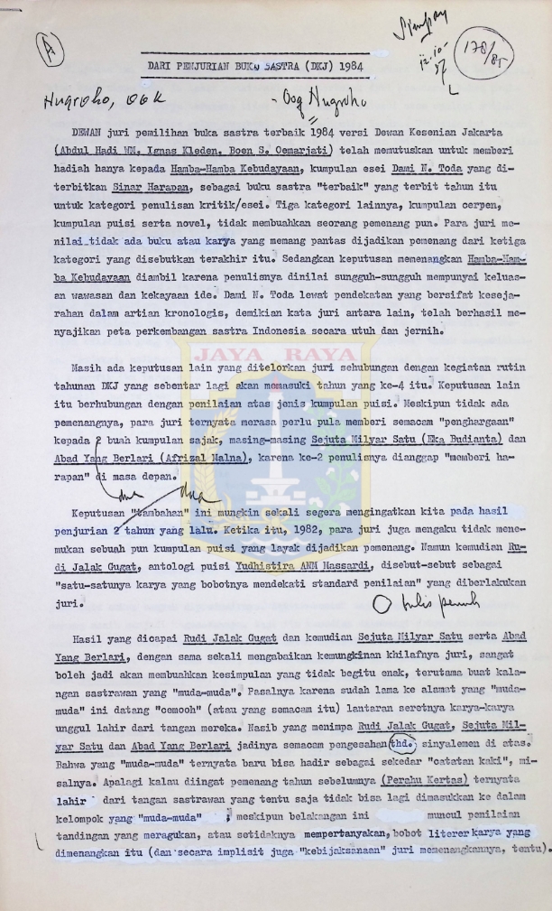Dari penjurian buku sastra (DKJ) 1984