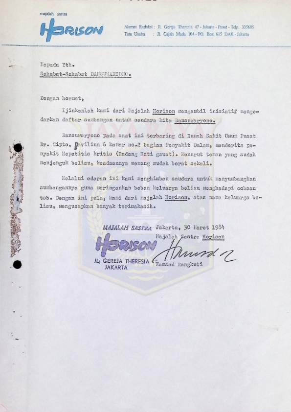 Surat dari majalah sastra Horison terkait sumbangan untuk Dan Suwaryono