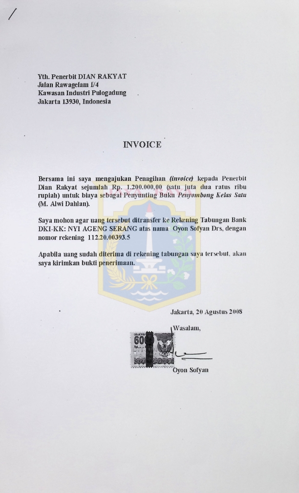 Invoice Oyon Sofyan kepada Penerbit Dian Rakyat