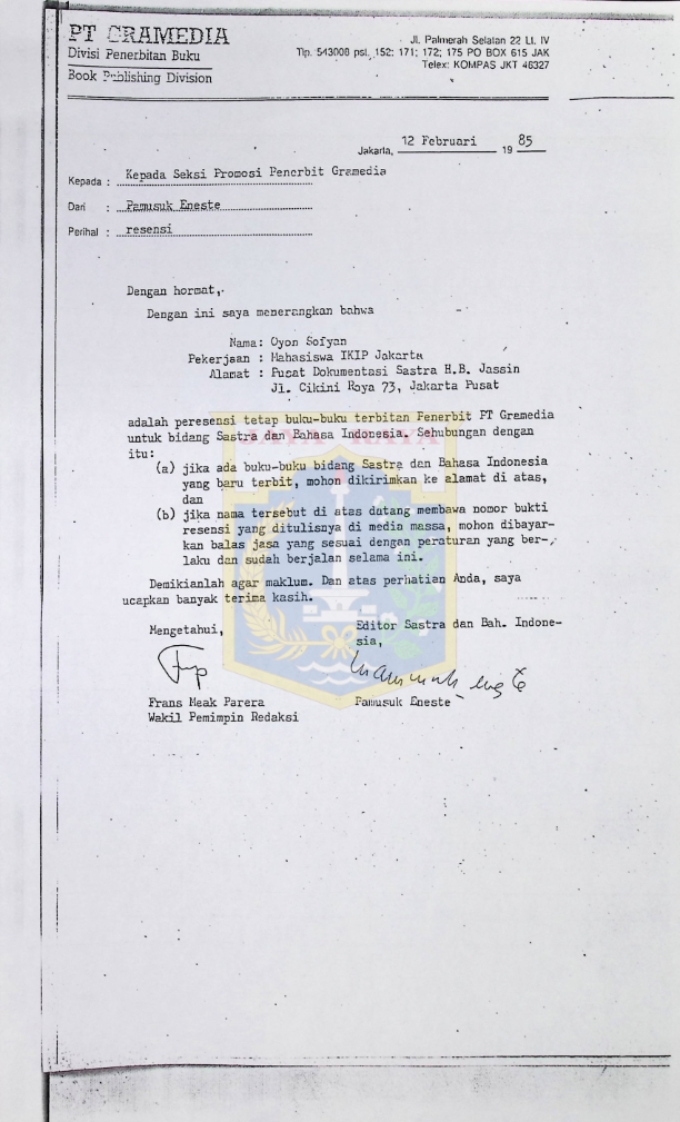 Surat Pamusuk Eneste kepada Seksi Promosi Penerbit Gramedia perihal resensi Oyon Sofyan
