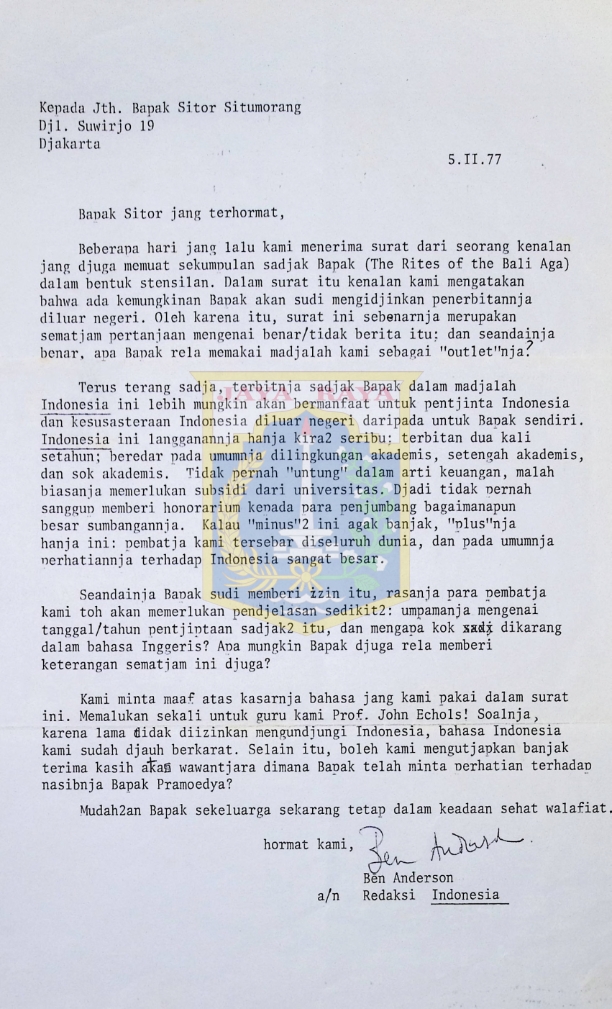 Surat untuk Sitor Situmorang dari Redaksi Indonesia