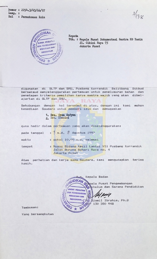 Surat permohonan izin Badan Penelitian dan Pengembangan Pendidikan dan Kebudayaan