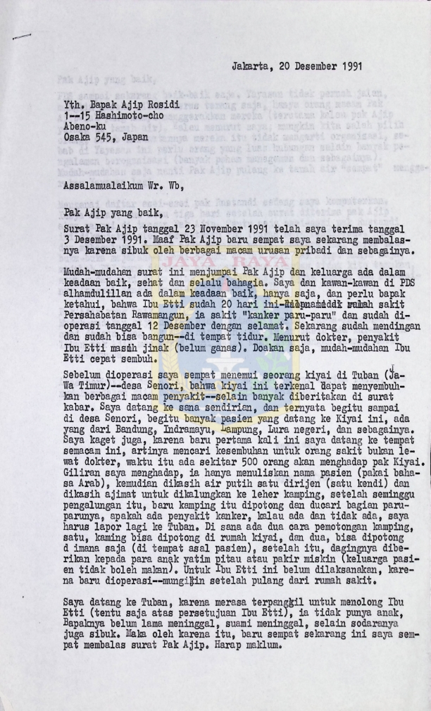 Surat Oyon Sofyan kepada Ajip Rosidi