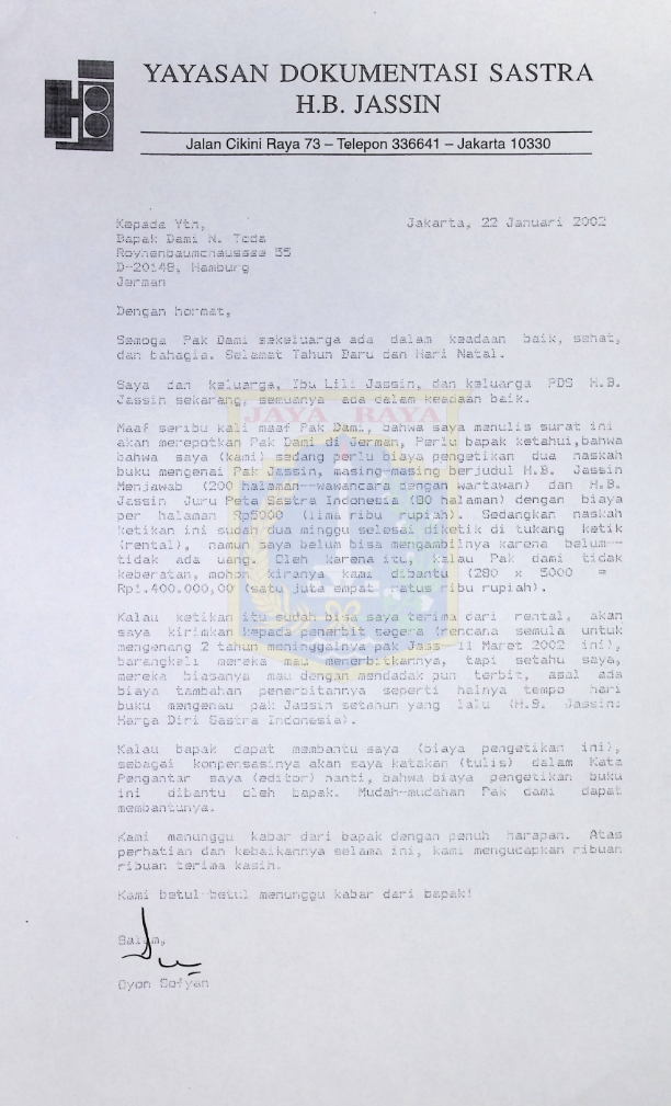 Surat Oyon Sofyan kepada Dami N. Toda dan Dr. Liaw Yock Fang
