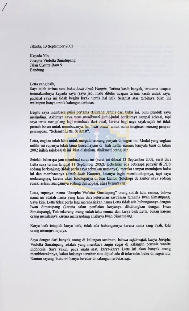 Surat Oyon Sofyan kepada Josepha Violetta Simatupang