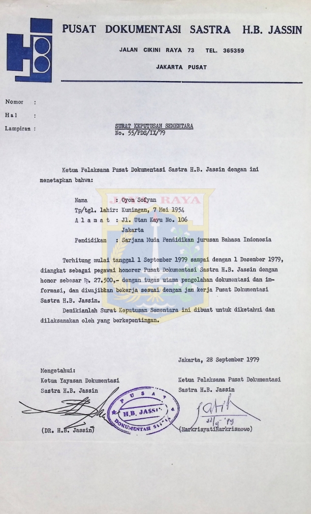 Surat keputusan sementara untuk Oyon Sofyan