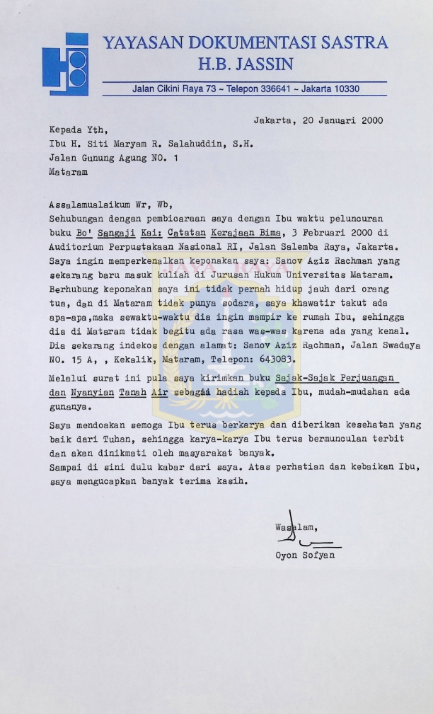 Surat Oyon Sofyan kepada Ibu H. Siti Maryam R. Salahuddin, S.H.