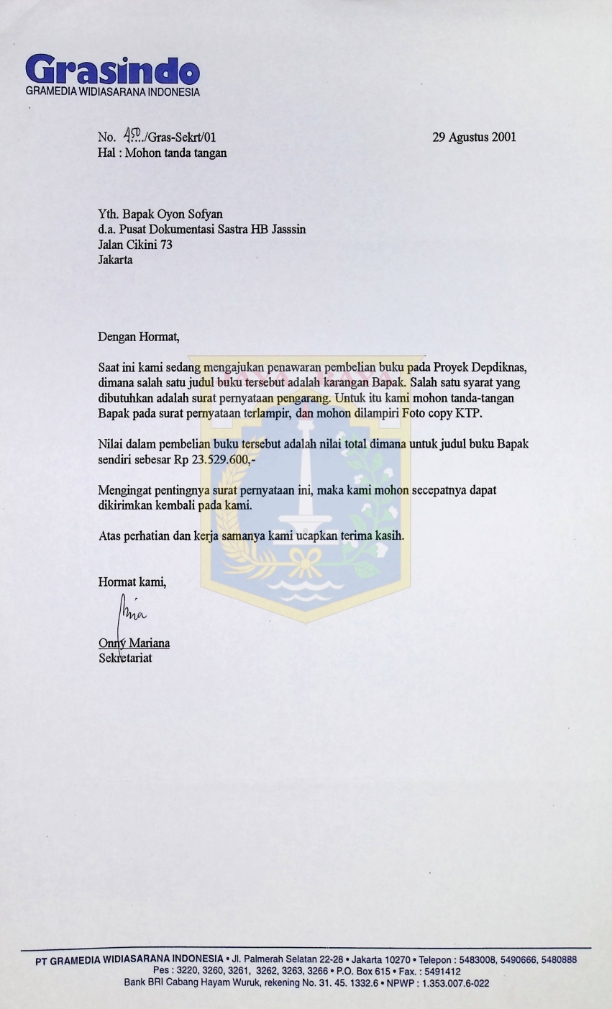 Surat dari Grasindo untuk Oyon Sofyan
