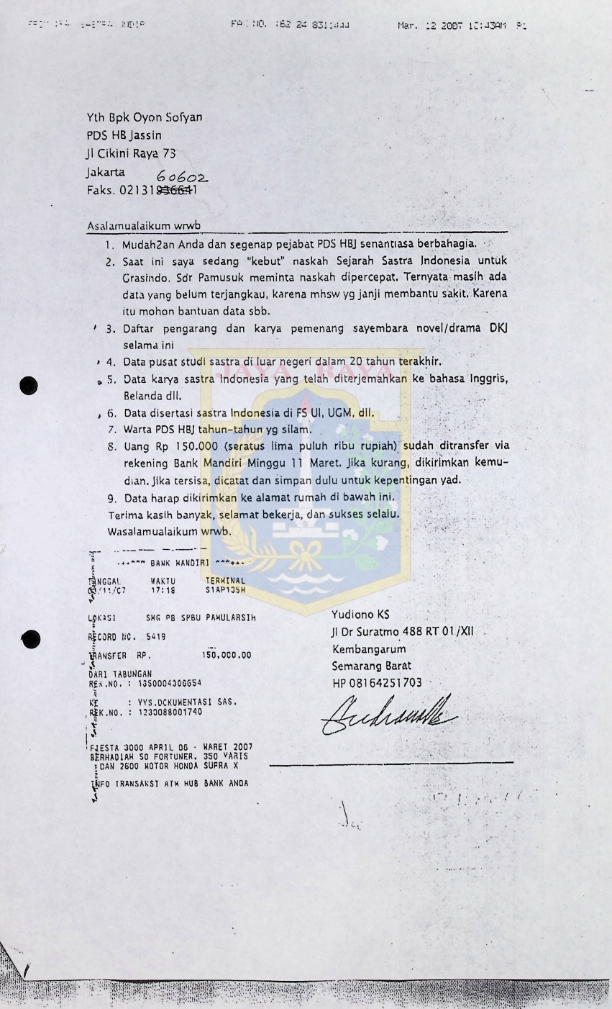 Surat dari Yudiono KS untuk Oyon Sofyan