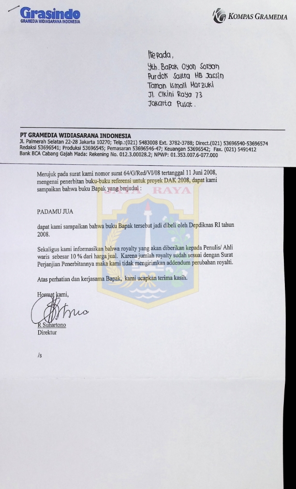 Surat dari Direktur Grasindo untuk Oyon Sofyan