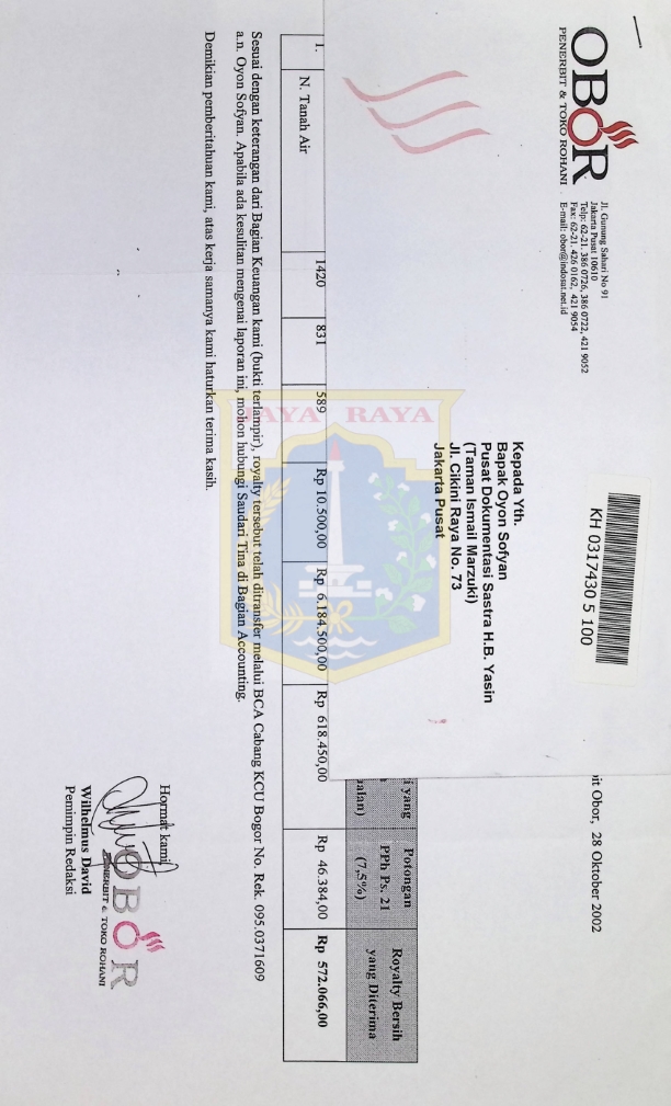 Surat dari Penerbit Obor untuk Oyon Sofyan