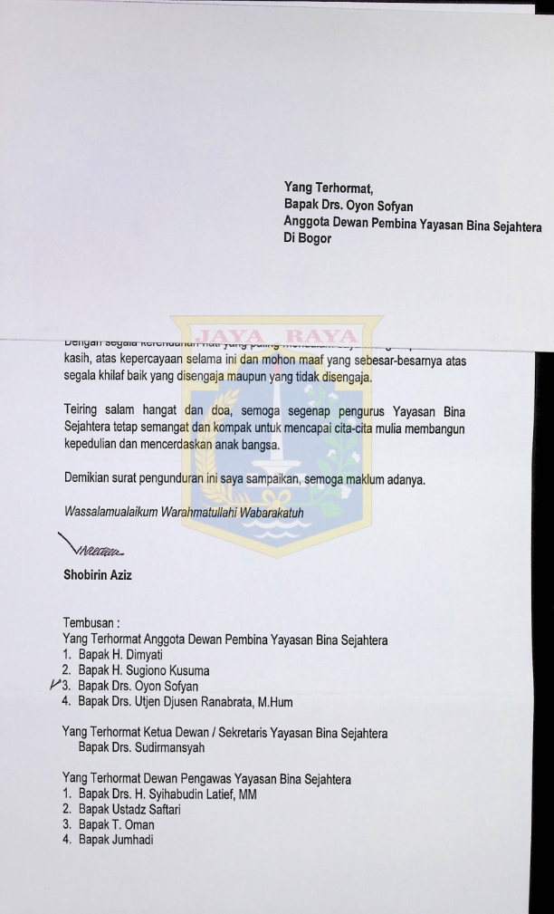 Surat untuk Dewan Pembina Yayasan Bina Sejahtera