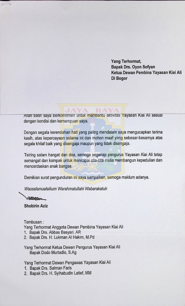 Surat untuk Dewan Pembina Yayasan Kiai Ali