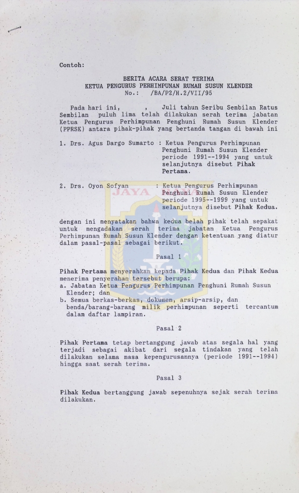 Berita acara serah terima ketua pengurus perhimpunan rumah susun Klender