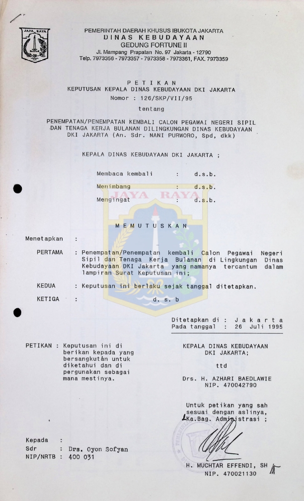 Petikan keputusan Kepala Dinas Kebudayaan DKI Jakarta