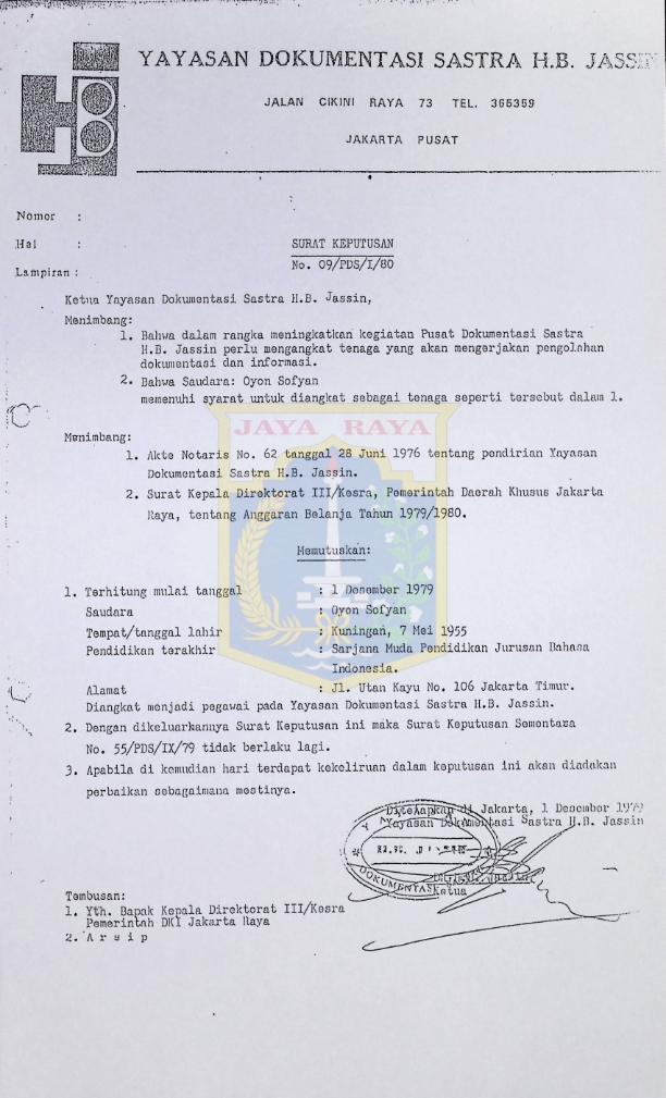 Surat keputusan untuk Oyon Sofyan