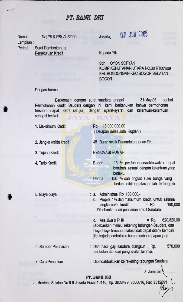 Surat pemberitahuan persetujuan kredit Oyon Sofyan