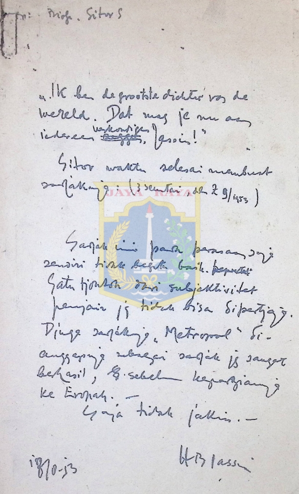Surat tulisan tangan untuk Sitor Situmorang dari H.B. Jassin