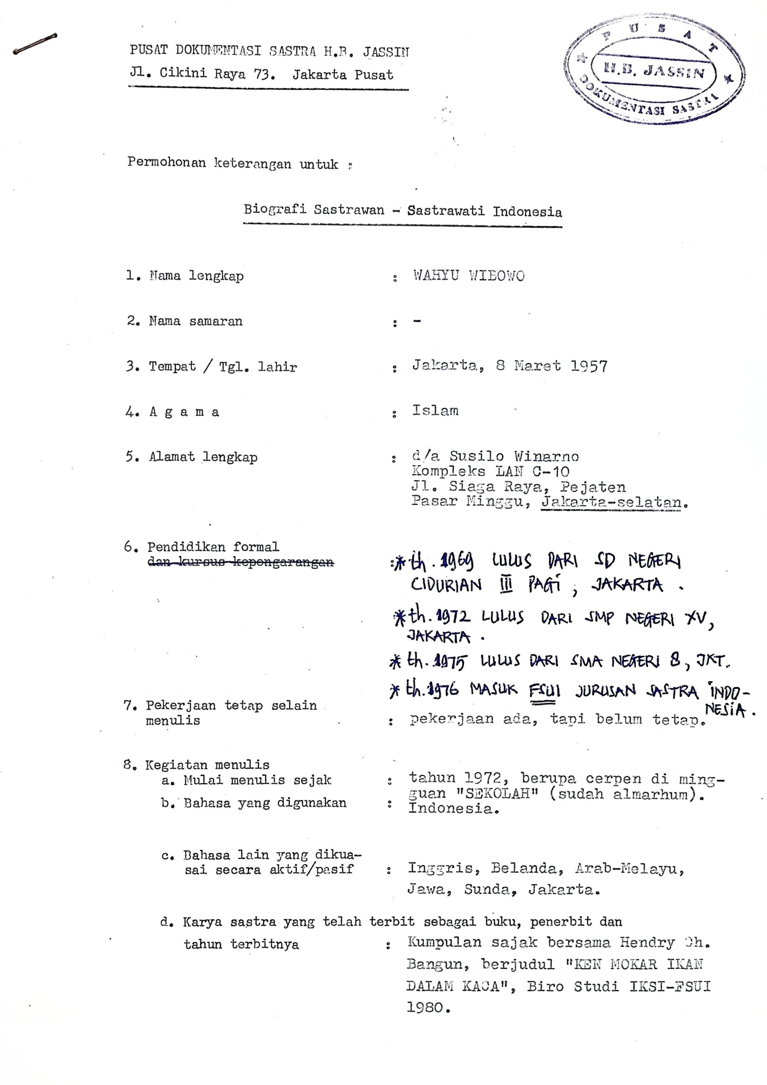 Biografi Sastrawan-Sastrawati Indonesia Wahyu Wibowo