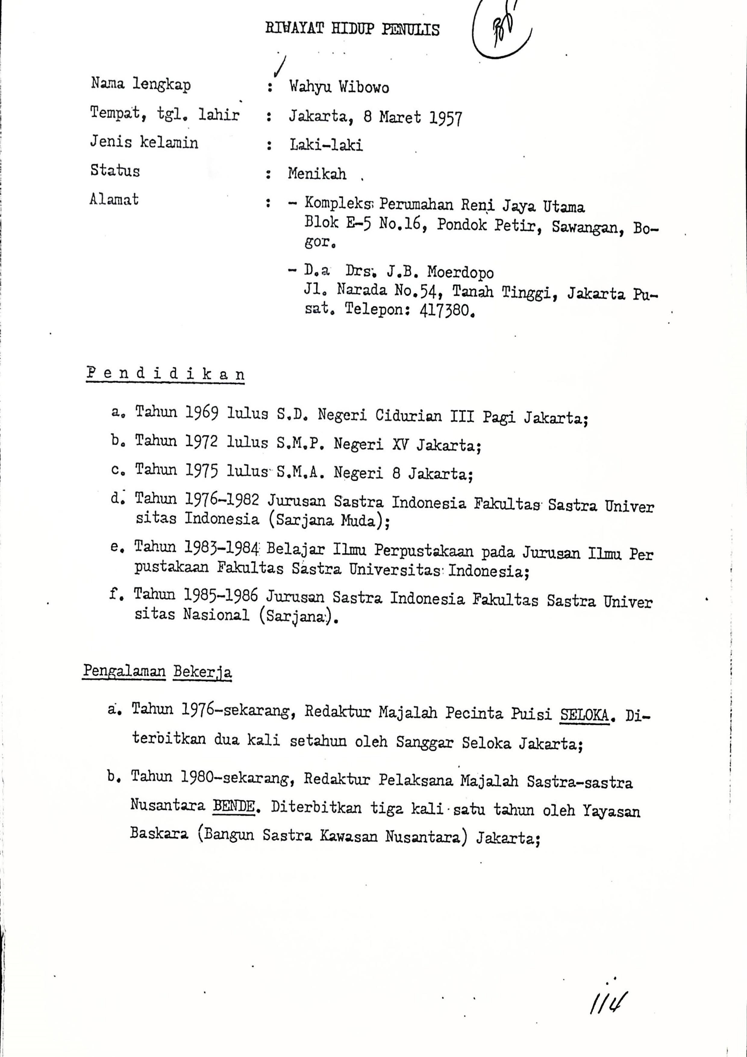 Riwayat Hidup Penulis Wahyu Wibowo