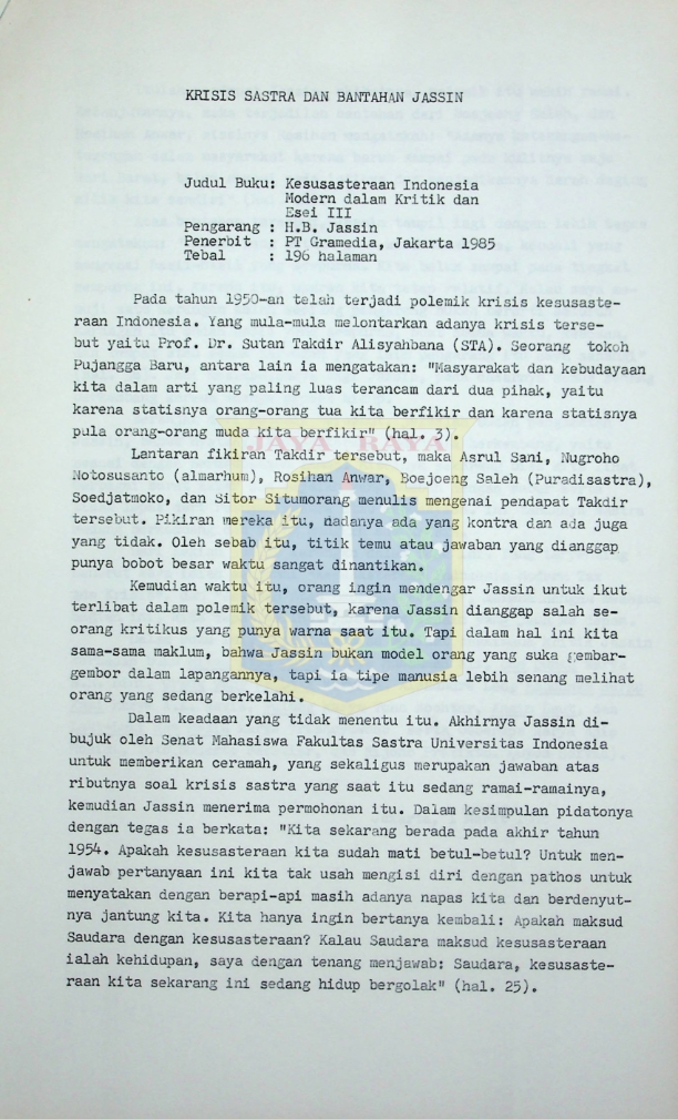Krisis sastra dan bantahan Jassin
