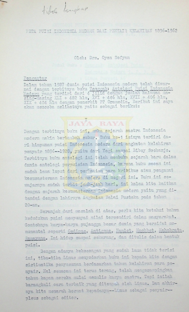 Peta puisi Indonesia modern dari penyair kelahiran 1896-1962