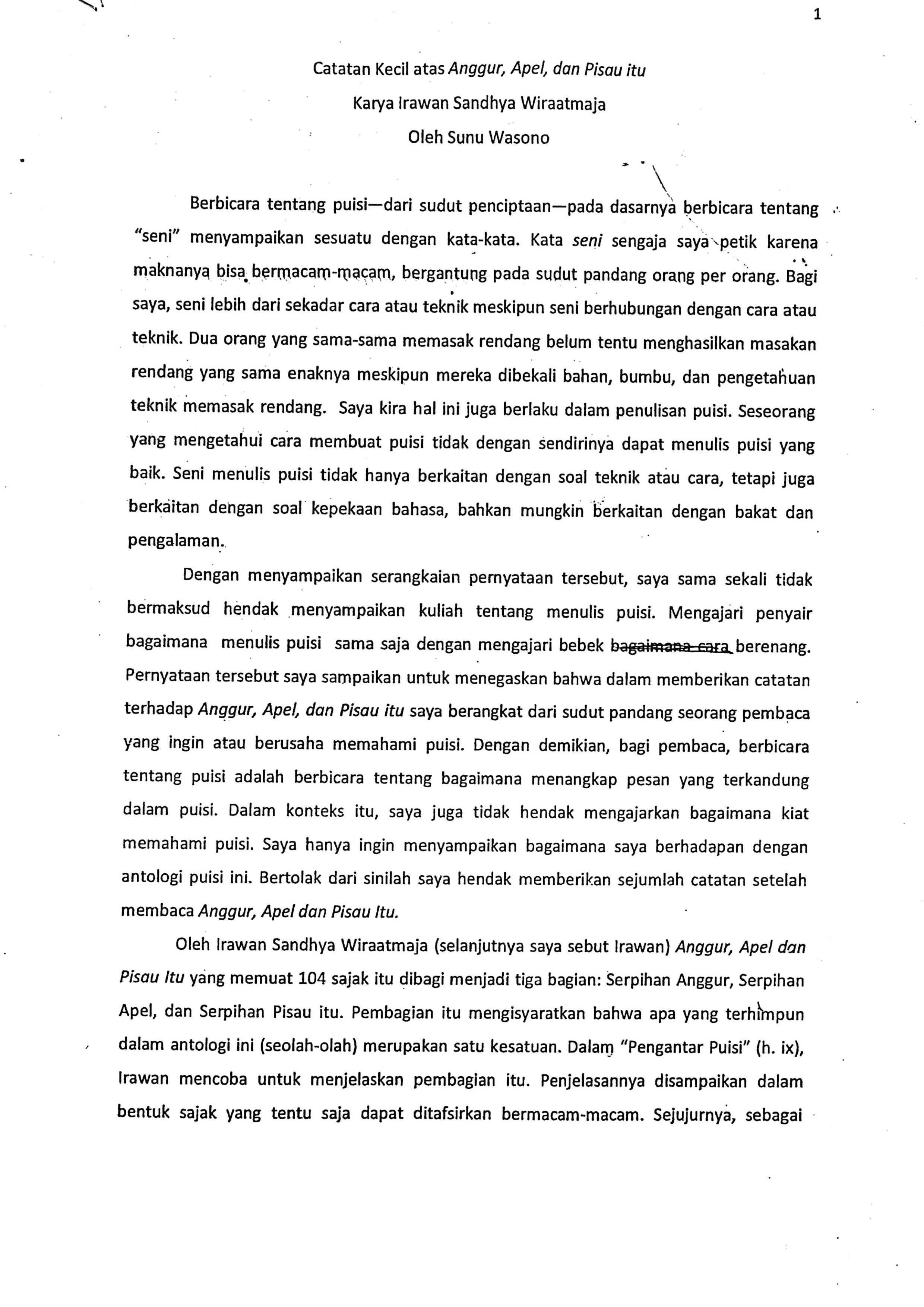 Catatan kecil atas anggur,apel dan pisau itu Karya Irawan Sandya Wiraatmaja