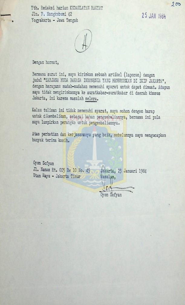 Surat untuk Redaksi Harian Kedaulatan Rakyat dari Oyon Sofyan