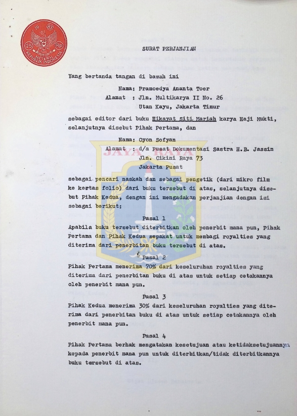 Surat perjanjian Oyon Sofyan dengan Pramoedya Ananta Toer