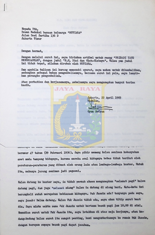 Surat untuk Dewan Redaksi bacaan Keluarga Mutiara (N.H. Dini dan oleh-olehnya)