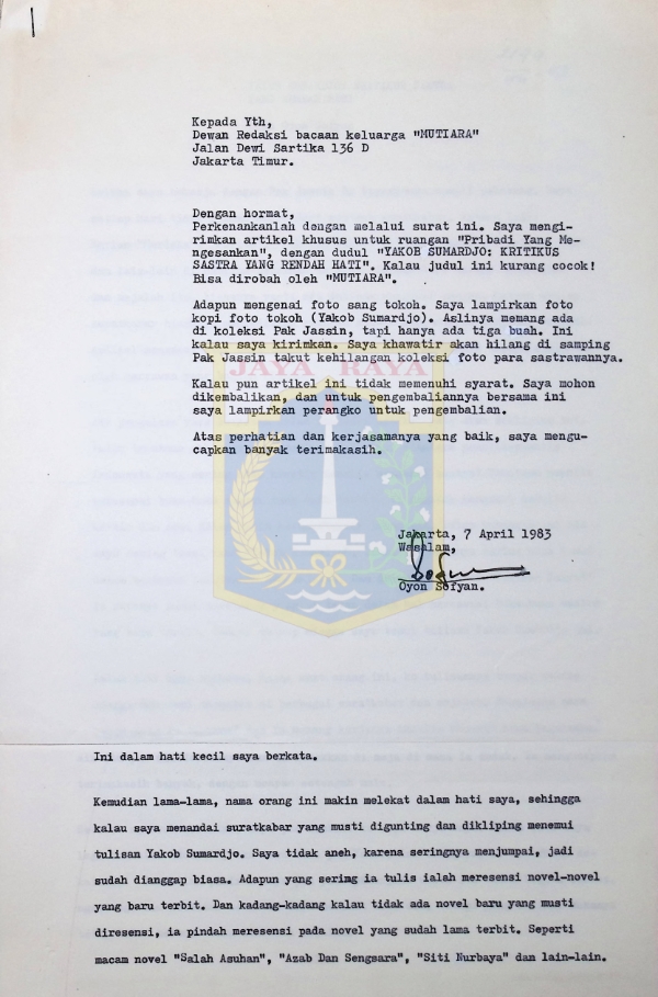 Surat untuk Dewan Redaksi bacaan Keluarga Mutiara (Yakob Sumardjo: kritikus sastra yang rendah hati)