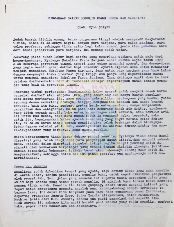 Gairah menulis untuk dosen dan mahasiswa (26 Oktober 1983) / Oyon Sofyan