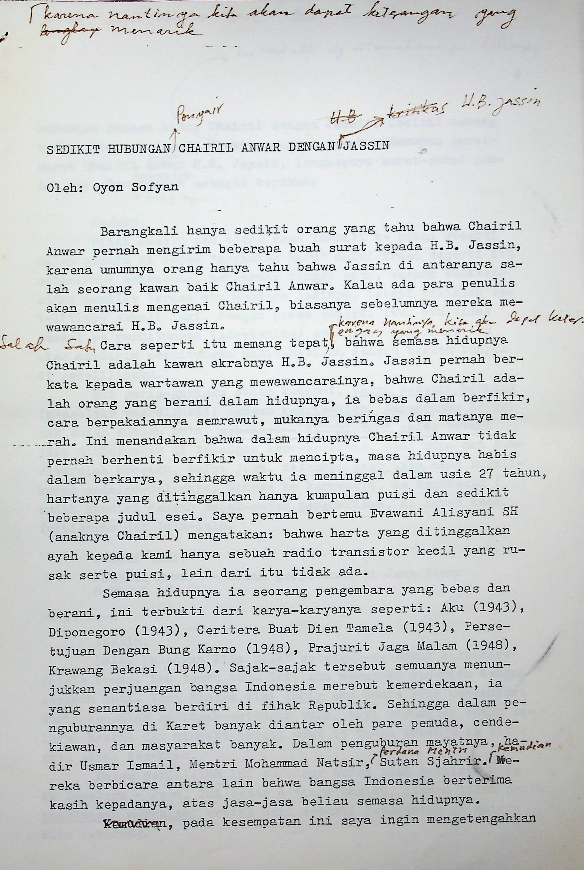 Sedikit hubungan Chairil Anwar dengan H.B. Jassin