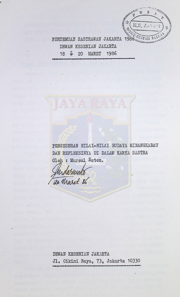 Pergeseran nilai-nilai budaya Minangkabau dan refleksinya di dalam karya sastra : Pertemuan sastrawan Jakarta 1986 Dewan Kesenian Jakarta 18-20 Maret 1986