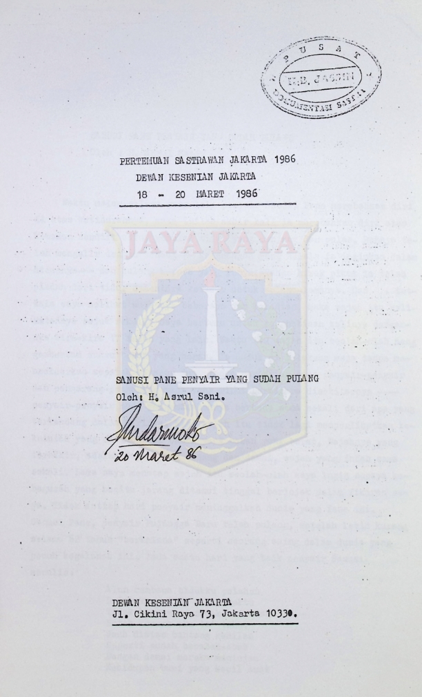 Sanusi Pane penyair yang sudah pulang : Pertemuan sastrawan Jakarta 1986 Dewan Kesenian Jakarta 18-20 Maret 1986