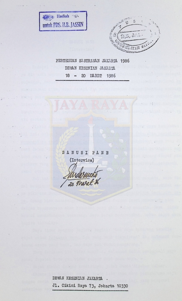 Sanusi Pane (interview) : Pertemuan sastrawan Jakarta 1986 Dewan Kesenian Jakarta 18-20 Maret 1986