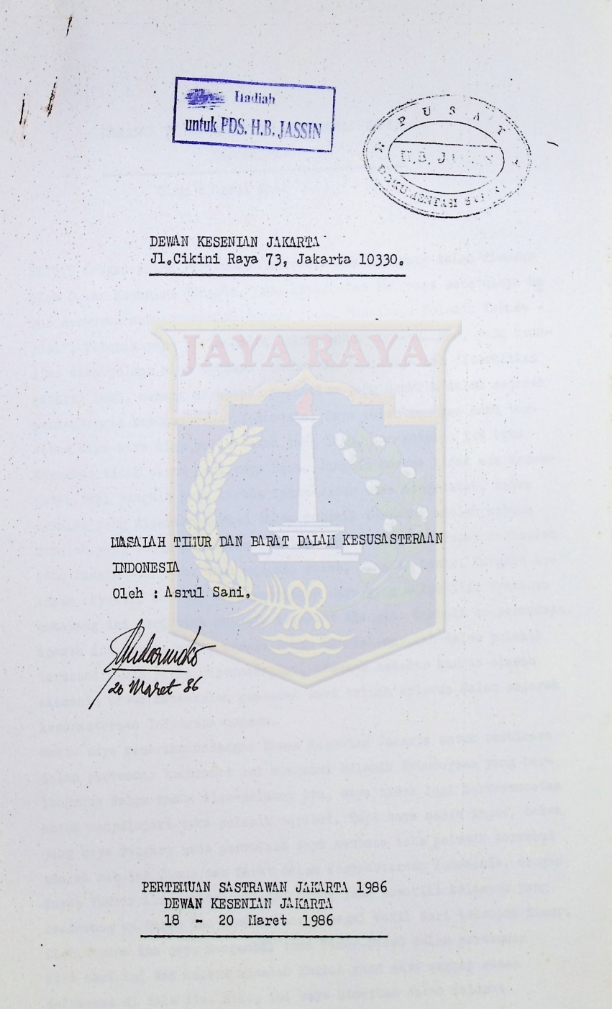 Masalah timur dan barat dalam kesusasteraan Indonesia : Pertemuan sastrawan Jakarta 1986 Dewan Kesenian Jakarta 18-20 Maret 1986