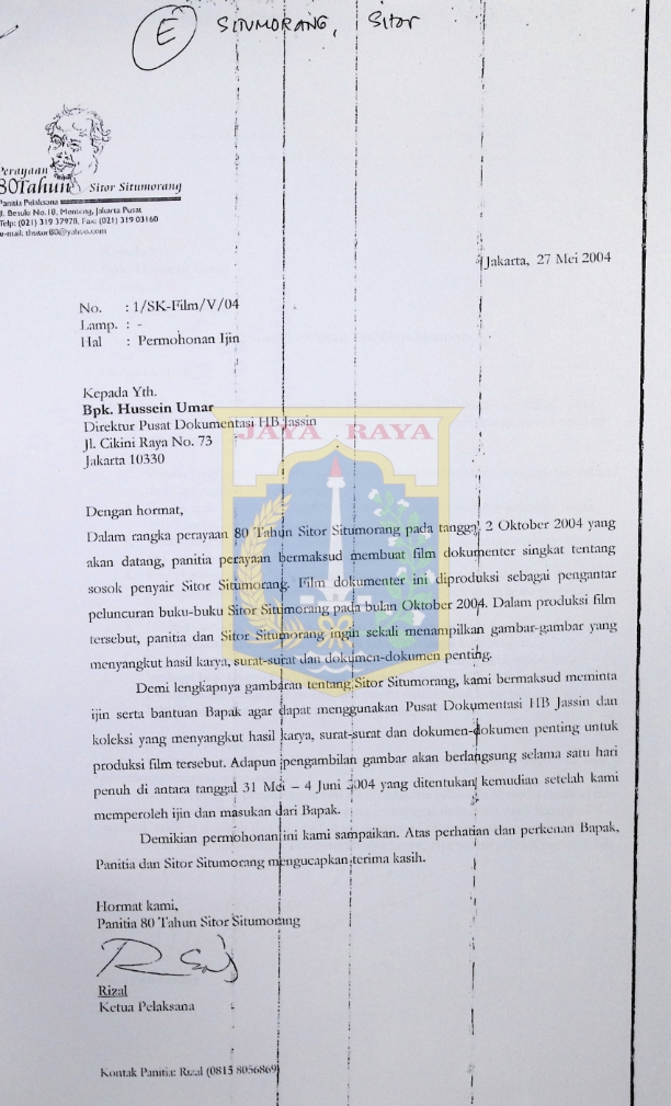 Surat untuk Hussein Umar dari Ketua pelaksana perayaan 80 Tahun Sitor Situmorang