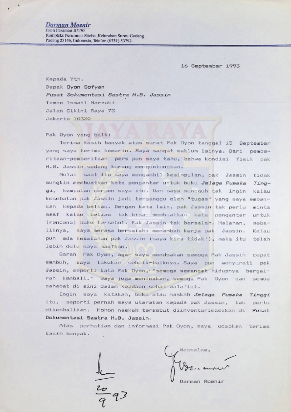 Surat dari Darman Moenir untuk Oyon Sofyan