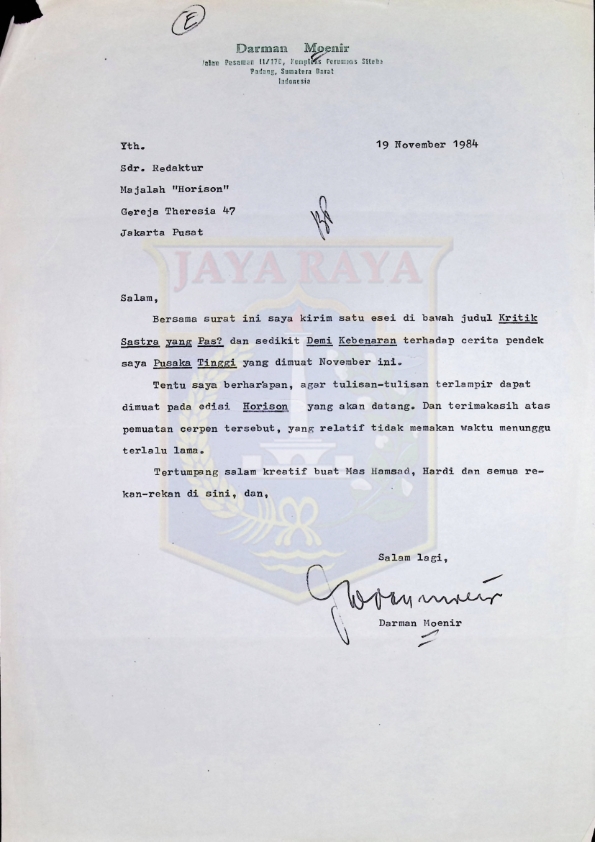 Surat dari Darman Moenir untuk redaktur majalah Horison