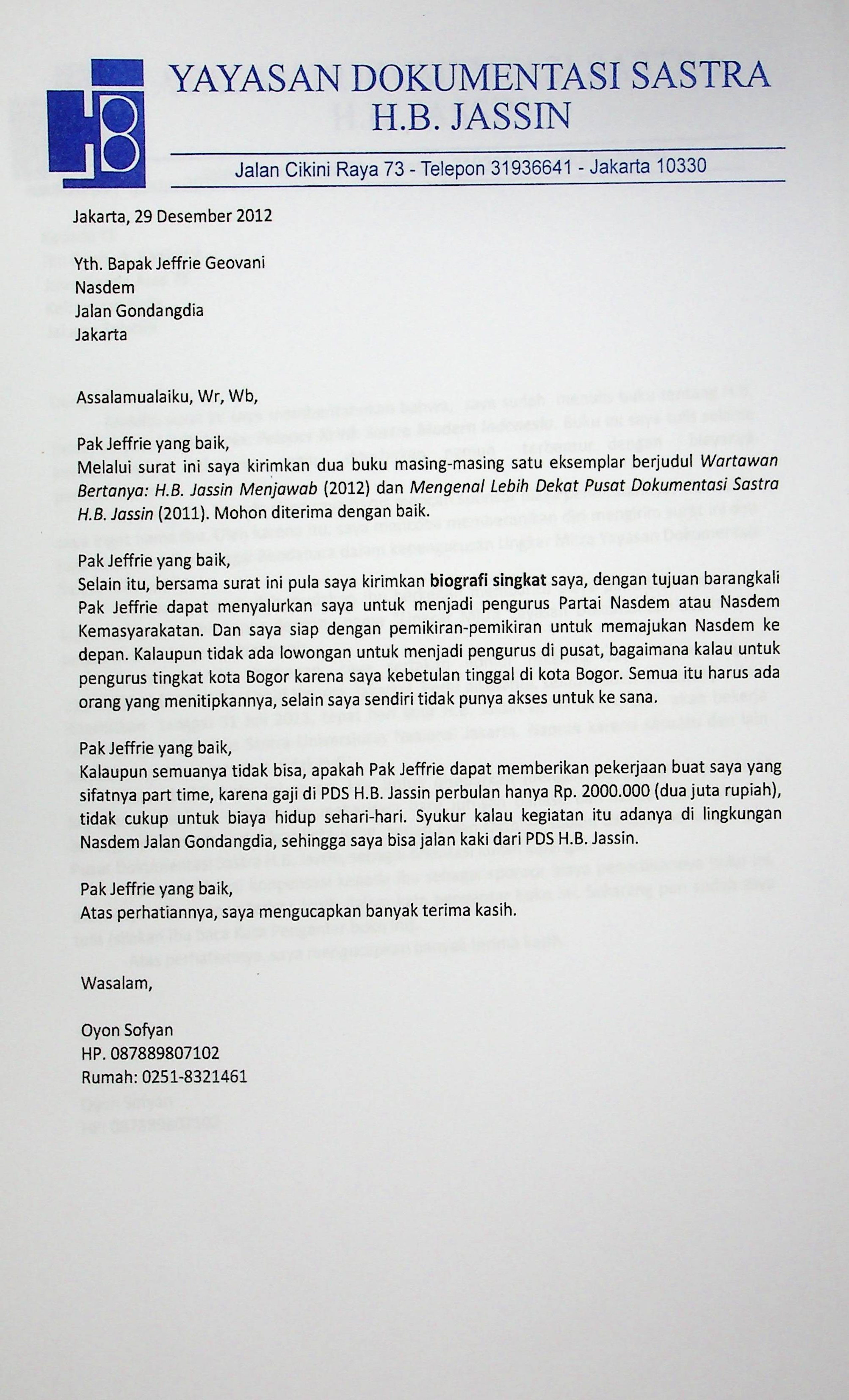 Surat pengiriman barang untuk Bapak Jeffrie Geovani