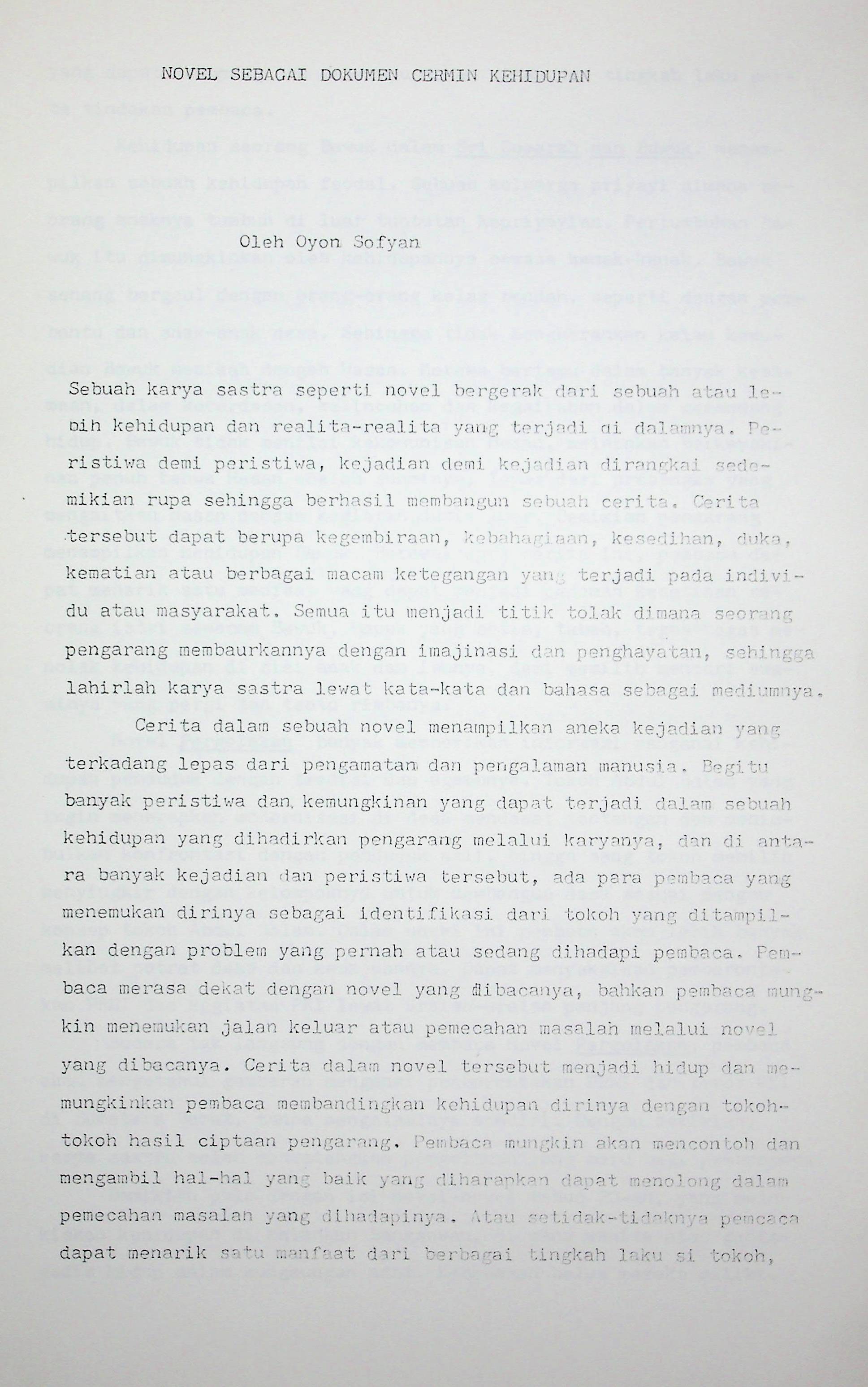 Novel sebagai dokumen cermin kehidupan