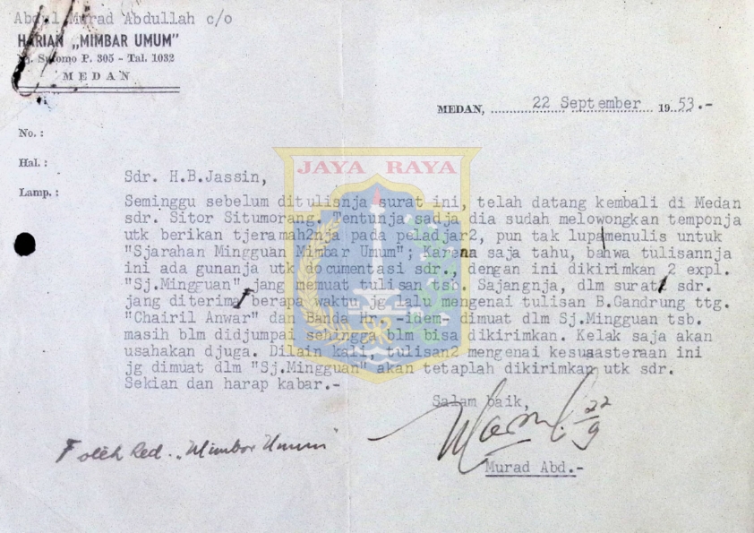Surat dari Murad untuk H.B. Jassin