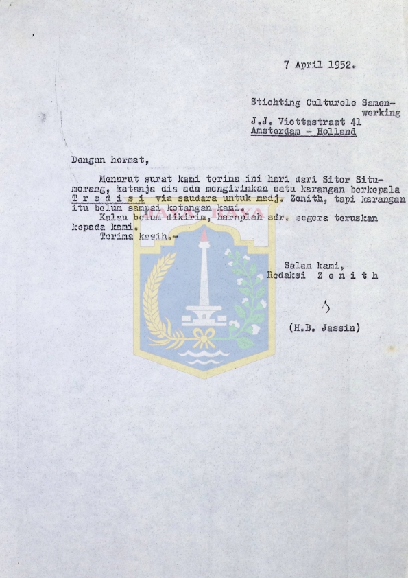 Surat dari Redaksi Zenith H.B. Jassin untuk Stichting culturele samen