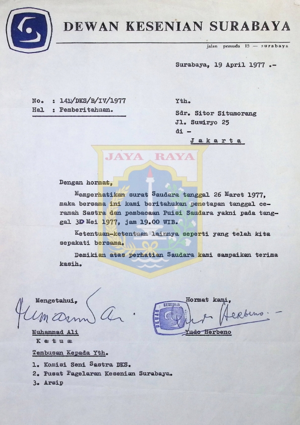 Surat pemberitahuan dari Dewan Kesenian Surabaya untuk Sitor Situmorang
