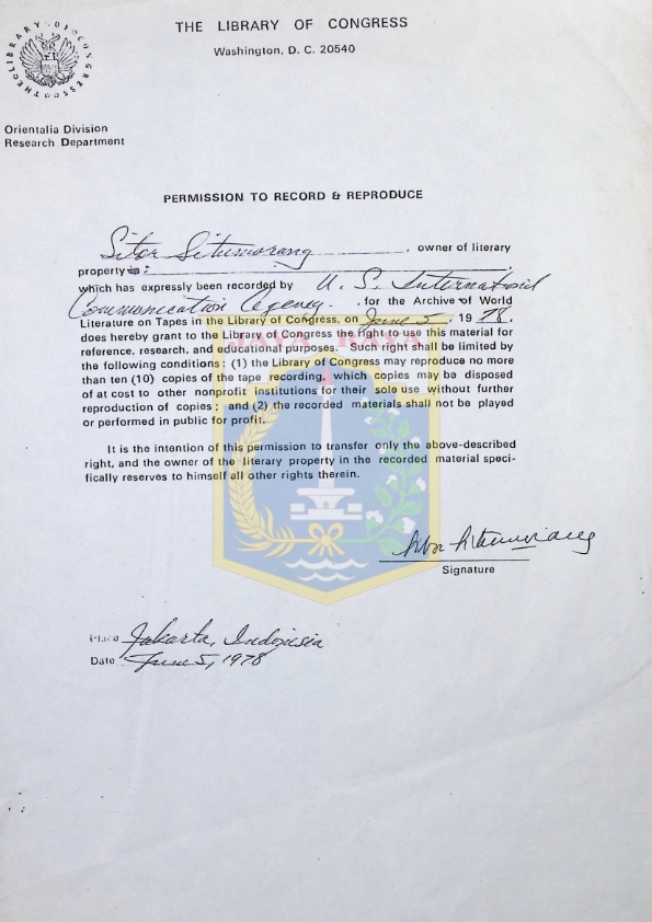 Surat Permission to record and reproduce dari The library of congress untuk Sitor Situmorang