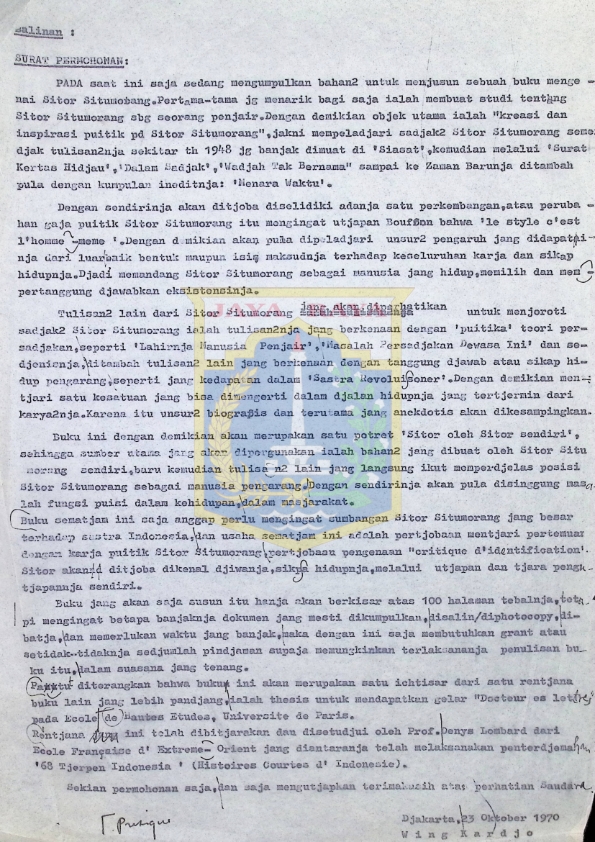 Surat permohonan penyalinan bahan-bahan untuk menyusun buku mengenai Sitor Situmorang