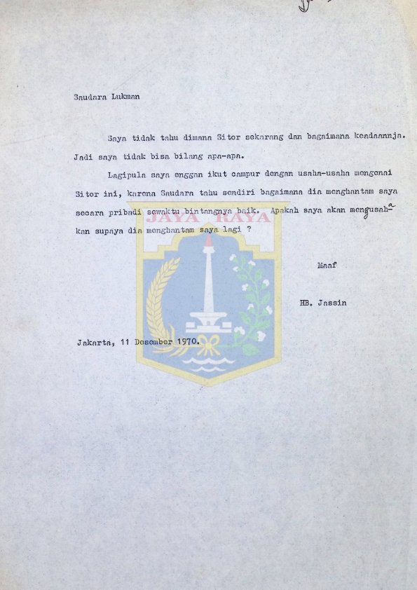 Surat dari H.B. Jassin untuk Lukman menginformasikan bahwa tidak tahu keberadaan Sitor Situmorang