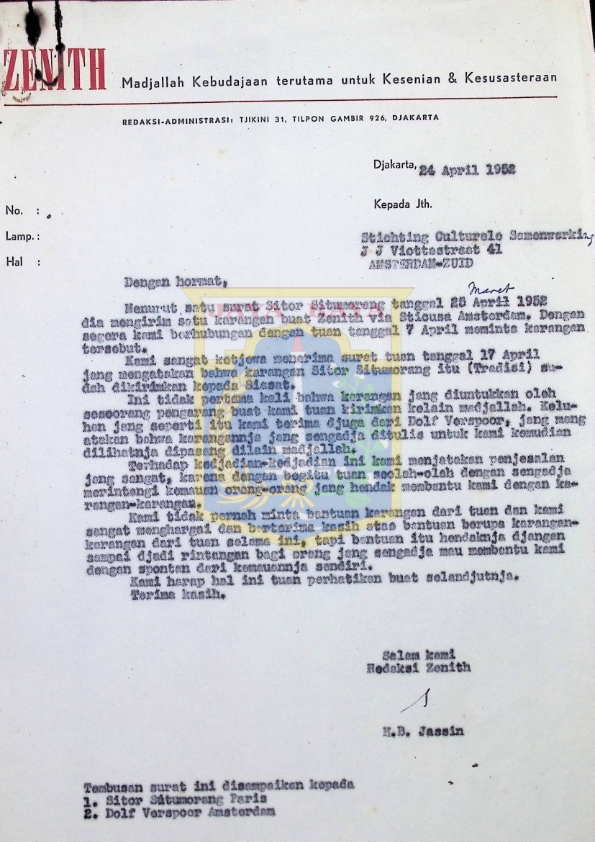 Surat dari Redaksi Zenith H.B. Jassin unutuk Stichting Culturele